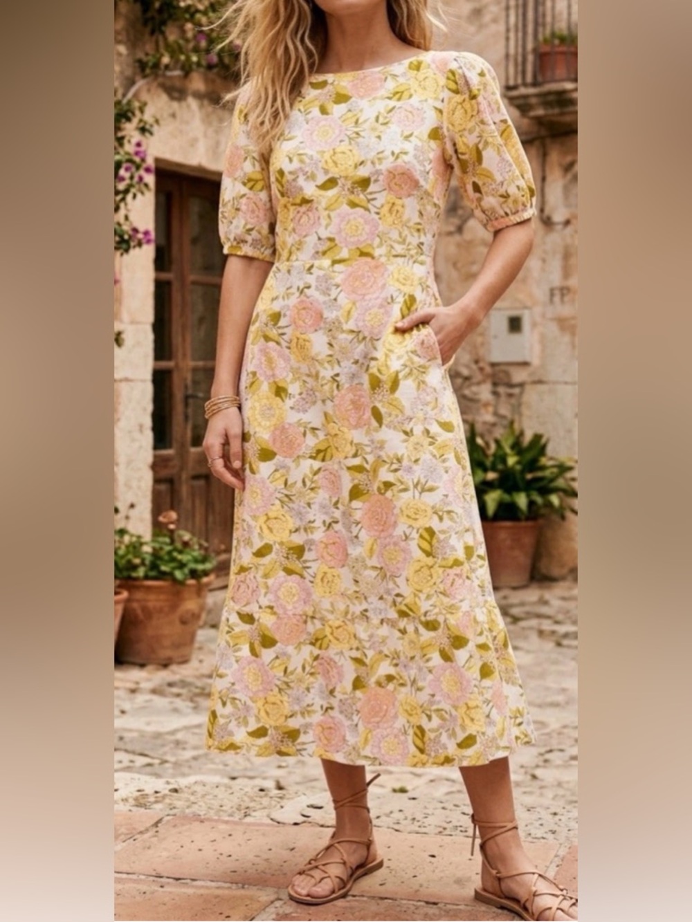 Who What Wear Dress Linen Floral Midi Puff Sleeve Tie-Back Boho Pockets Sz L